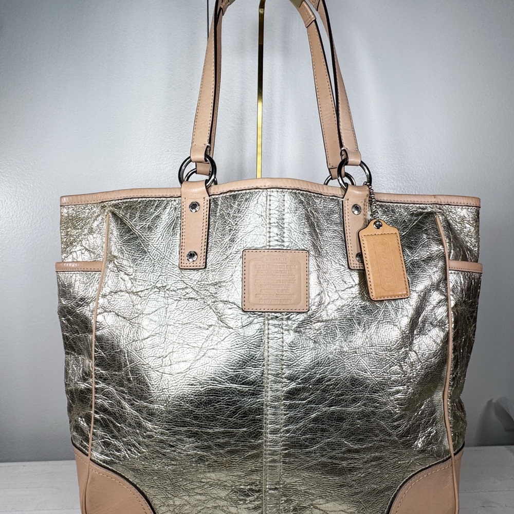 Coach Metallic Leather Tote Bag Silver Champagne Large Shoulder Bag Style 26141